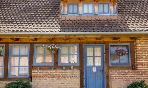 Die Fassade eines charmanten Hauses mit blauen Fenstern und einer blauen Tür, umgeben von bunten Blumen und Pflanzen.