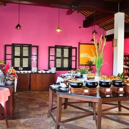 Der Essbereich eines Resorts mit pinken Wänden, reichlich gedecktem Buffet und frischen Pflanzen in dekorativen Töpfen.