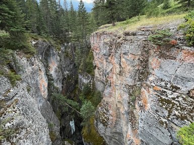 Eine beeindruckende Schlucht mit steilen Felswänden, umgeben von dichten Nadelbäumen und sanften Hügeln im Hintergrund.