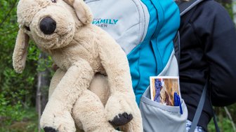 Ein Mädchen mit einem Rucksack, auf dem ein plüschiger Hund sitzt, steht in einer grünen Waldlandschaft.