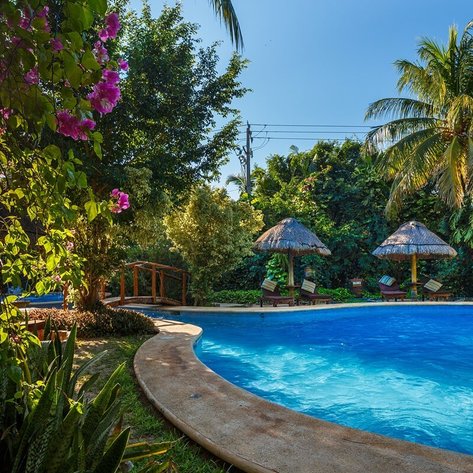 Ein einladender Pool umgeben von üppigem Grün und bunten Blumen, ideal für entspannende Momente in der Natur.