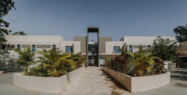 Ein modernes Gebäude mit großen Fenstern und einem klaren Eingang, umgeben von üppigem Grün und einem gepflasterten Weg.