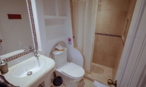Ein modernes Badezimmer mit einer weißen Toilette, einem Waschbecken und einer Duschkabine, die durch einen Vorhang abgetrennt ist.