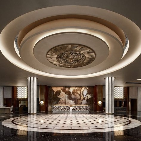 Der elegante Empfangsbereich des Hua Ting Hotels zeigt eine beeindruckende Decke mit kunstvollem Lichtdesign und marmoriertem Boden.