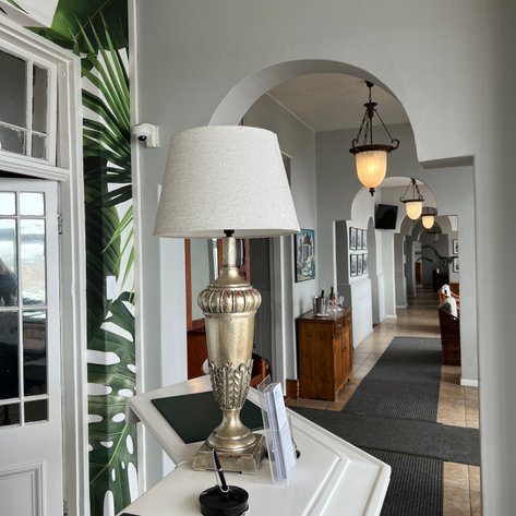 Der Empfangsbereich des Windsor Hotels zeigt eine elegante Lampe und eine grüne Pflanze an der Wand, die eine einladende Atmosphäre schafft.