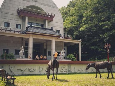 Zwei Pferde grasen friedlich auf einer Wiese vor einem modernen, asiatisch inspirierten Gebäude mit Statuen.