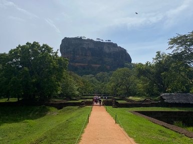Weg führt durch die Natur mit freiem Blick auf den Sigiriya-Felsen – Sri Lanka Familienreise