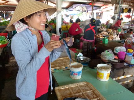Einheimische präsentiert frischen Fisch auf einem belebten Markt – Vietnam mit Kindern