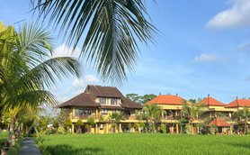 Ein malerischer Weg führt durch üppige Reisfelder zu einem charmanten Resort mit traditionellen balinesischen Dächern.
