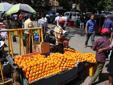 Händler verkauft frische Orangen an einem bunten Marktstand in Kandy – Sri Lanka Familienreise