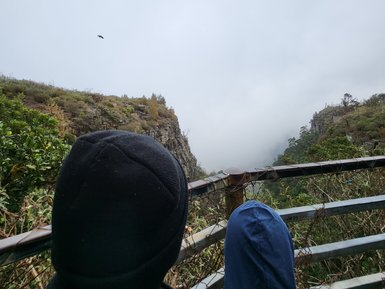 Kinder stehen am Aussichtspunkt und blicken auf den vernebelten Blyde River Canyon – Südafrika mit Kindern