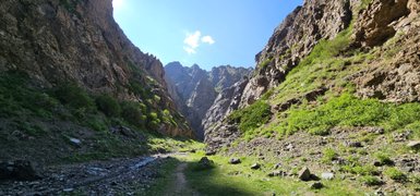 Eine beeindruckende Schlucht mit steilen Felswänden, die von grünem Bewuchs und klarem Himmel umgeben ist.