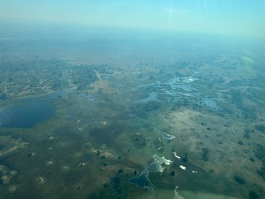 Eine weite, grüne Landschaft mit Wasserflächen und kleinen Hügeln, die aus der Vogelperspektive sichtbar sind.