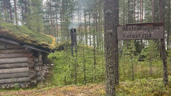 Ein rustikales Holzhaus im Wald, umgeben von hohen Kiefern und sanften Hügeln, mit einem rauchenden Schornstein.
