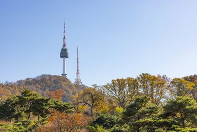 Der Namsan-Turm erhebt sich majestätisch über die bunten Herbstbäume unter einem klaren blauen Himmel.