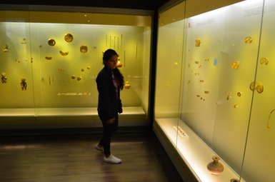 Eine Person betrachtet die goldenen Artefakte in einem Museum, umgeben von beleuchteten Vitrinen voller antiker Schätze.