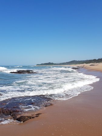 Ein ruhiger Strand mit sanften Wellen, die auf den goldenen Sand treffen, unter einem strahlend blauen Himmel.