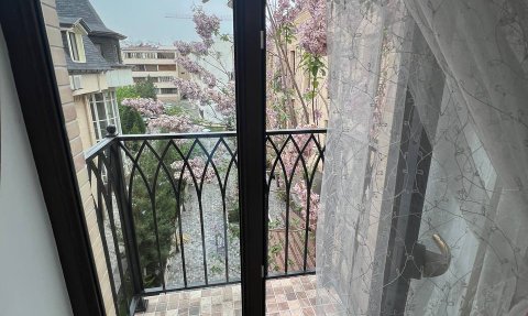 Der Blick von einem Balkon zeigt blühende Bäume und eine charmante Stadtlandschaft unter einem bewölkten Himmel.