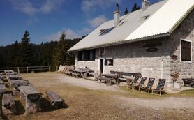 Eine gemütliche Berghütte aus Stein, umgeben von Bäumen, mit Holzstühlen und Tischen im Freien für Besucher.