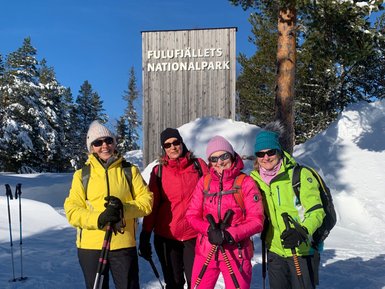 Vier Personen stehen im Schnee vor einem Schild des Fulufjället Nationalparks, alle tragen bunte Winterkleidung und Skischuhe.