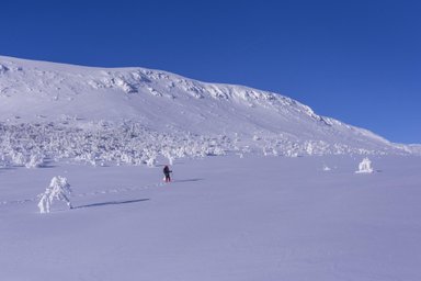 Ein Wanderer mit Skistöcken durchquert eine schneebedeckte Landschaft unter einem strahlend blauen Himmel.