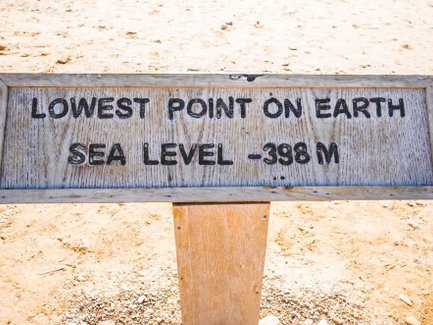Ein Holzschild zeigt den tiefsten Punkt der Erde mit der Aufschrift: Meeresspiegel -398 m.