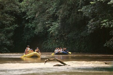 Zwei Rafting-Boote paddeln durch Wildwasser – Costa Rica Reise mit Kindern
