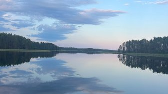 Ein ruhiger See spiegelt die sanften Wolken und den blauen Himmel wider, umgeben von dichten Wäldern am Ufer.