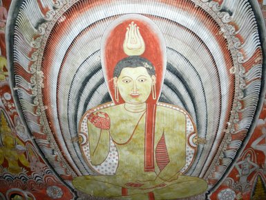 Wandgemälde mit Buddha-Darstellungen im Dambulla-Höhlentempel – Sri Lanka Reise mit Kindern