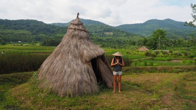 Eine Frau steht vor einer strohgedeckten Hütte in einer grünen Reislandschaft, umgeben von sanften Hügeln.