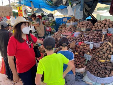 Eine Frau mit Sonnenhut und Maske steht an einem Marktstand, während zwei Kinder interessiert die Kartoffeln betrachten.