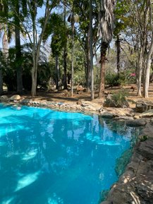 Blick auf den Swimmingpool im Makutsi Game Reserve – Südafrika Reise mit Kindern