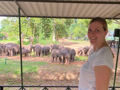 Frau steht vor dem Gehege mit Elefanten im Elephant Transit Home im Udawalawe Nationalpark – Sri Lanka mit Kindern