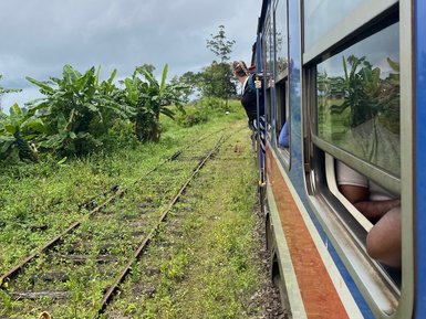 Frau blickt aus dem Fenster eines blauen Zuges während der Fahrt – Sri Lanka mit Kindern