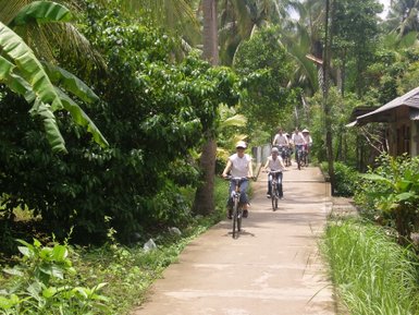 Eine Gruppe von Radfahrern fährt auf einem schmalen Weg durch die üppige Vegetation des Mekong-Deltas.