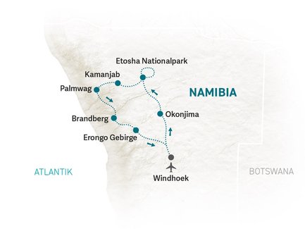 Eine Karte von Namibia zeigt wichtige Orte wie Windhoek, Etosha Nationalpark und Brandberg, umgeben von einem hellen Hintergrund.