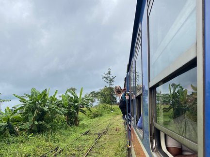 Frau blickt aus dem Fenster eines blauen Zuges während der Fahrt – Sri Lanka mit Kindern