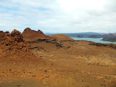 Eine karge Landschaft mit braunem Vulkangestein, das sich über eine weite Fläche erstreckt, während das Wasser im Hintergrund schimmert.