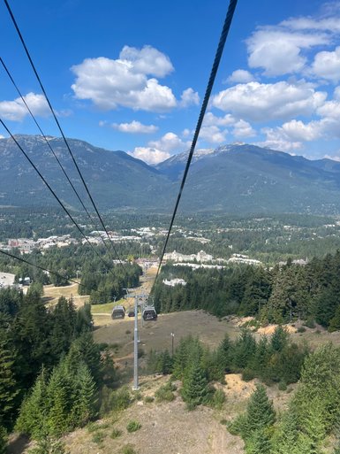Eine Seilbahn schwebt über eine grüne Landschaft mit Bergen im Hintergrund und einem strahlend blauen Himmel.
