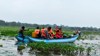 Traditionelle Katamarantour auf einem Fluss inmitten grüner Natur – Sri Lanka Familienreise