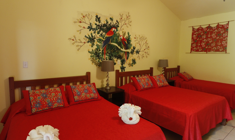 Ein helles Zimmer mit roten Betten, bunten Kissen und einer Wandmalerei von Vögeln in einem tropischen Ambiente.