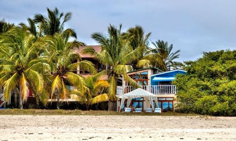 Ein tropisches Strandhaus umgeben von hohen Palmen, mit einem weißen Pavillon und blauen Liegen im Vordergrund.