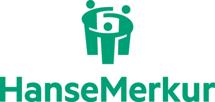 Das Logo von HanseMerkur zeigt stilisierte Menschen, die sich umarmen, in einem freundlichen, grünen Design.