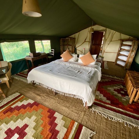Ein gemütliches Zeltzimmer mit einem großen Bett, bunten Teppichen und einem Schreibtisch, umgeben von grüner Natur.