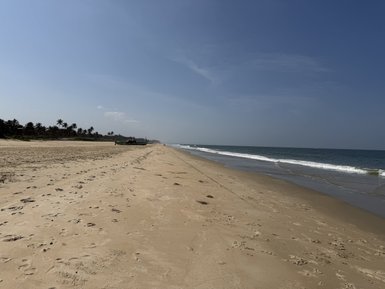 Ein weitläufiger Strand mit feinem Sand, sanften Wellen und Palmen im Hintergrund unter einem klaren blauen Himmel.
