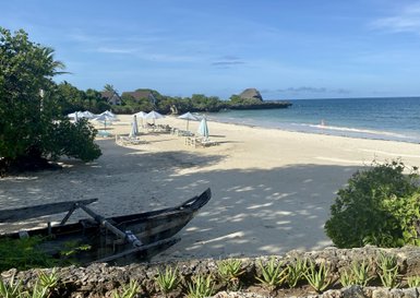 Ein ruhiger Strand mit weißen Liegen und Sonnenschirmen, umgeben von üppigem Grün und klarem Wasser im Hintergrund.