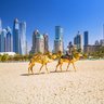 Blick auf Dubai Skyline mit Kamelen - Dubai mit Kindern