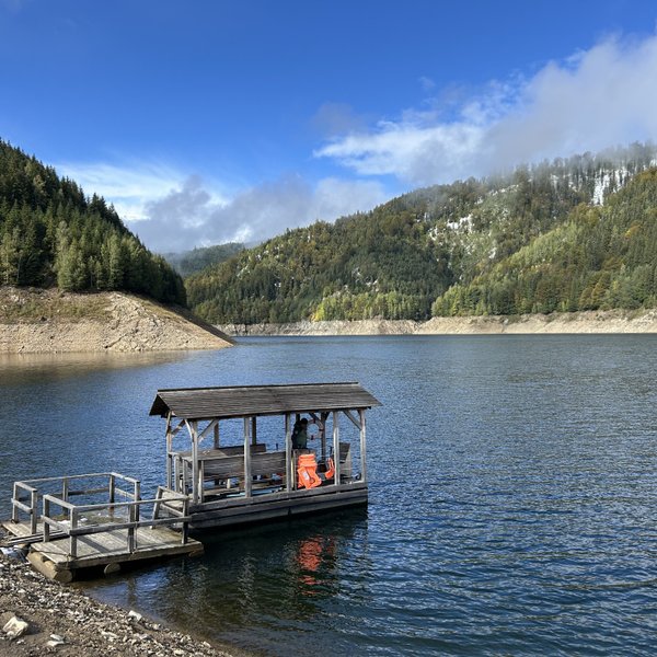 Ein Holzsteg ragt über das ruhige Wasser eines Stausees, umgeben von bewaldeten Hügeln und einem klaren blauen Himmel.