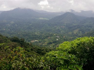 Üppige grüne Hügel schneiden durch eine friedliche Landschaft, während Wolken sanft die Berggipfel umhüllen.