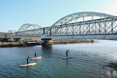 Drei Personen paddeln auf Stand-Up-Paddle-Boards unter einer großen, geschwungenen Brücke in ruhigem Wasser.